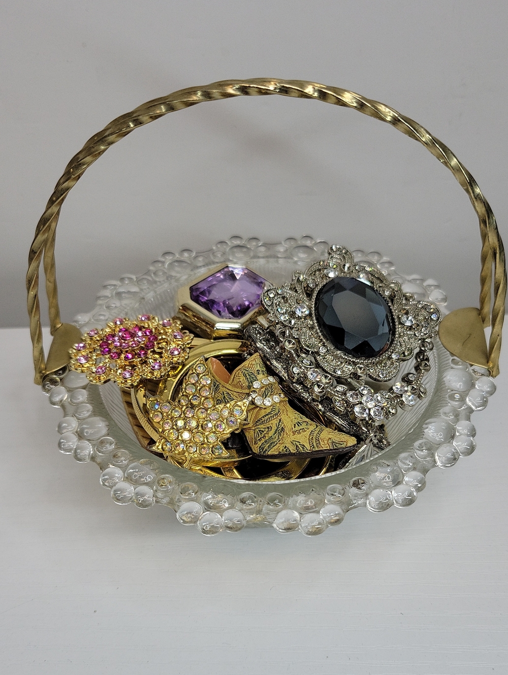 Vintage Glass Basket Filled With Brooches